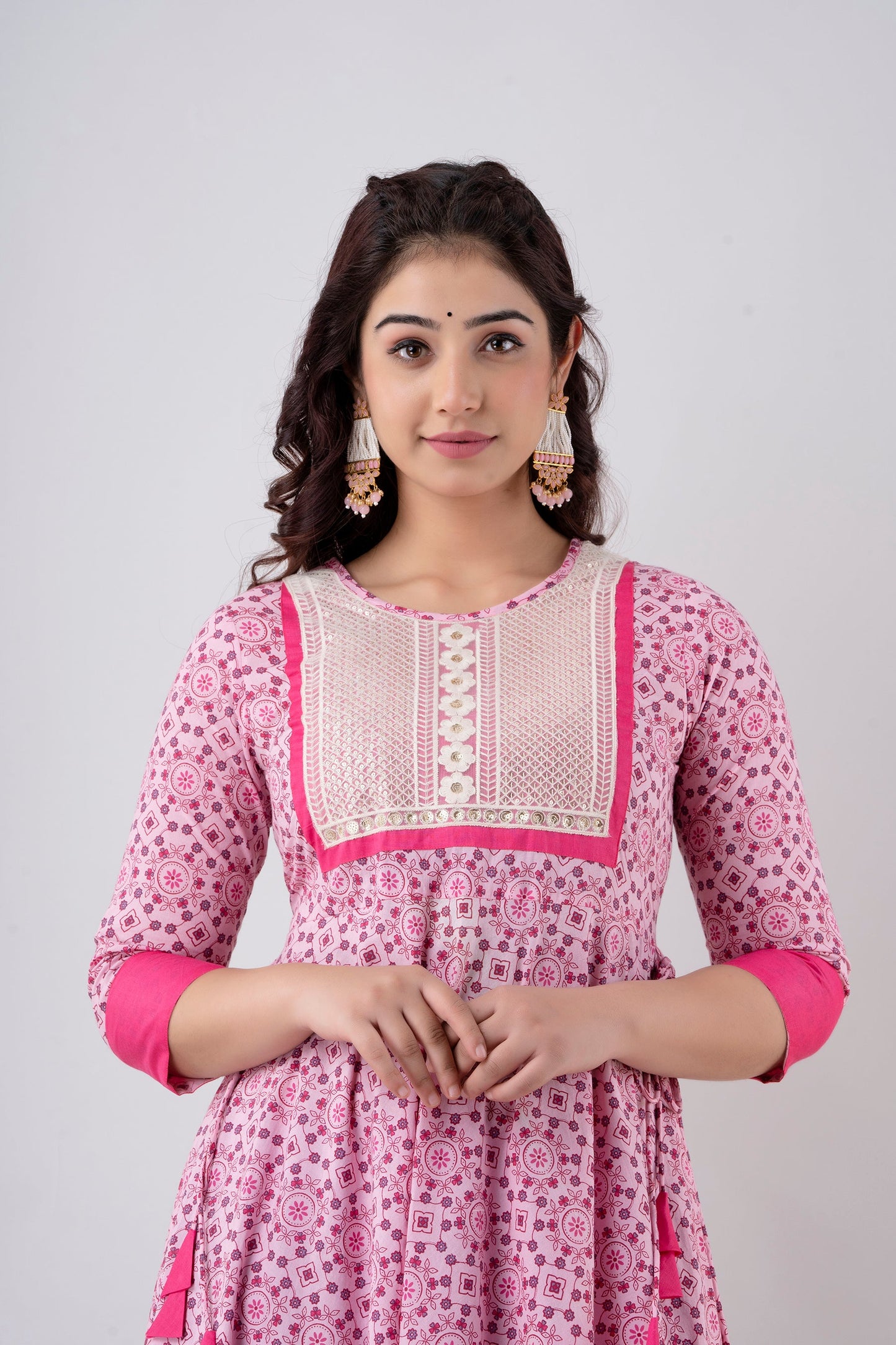 Anam jaipuri Tie Up Pink Embroidered Flared Party & Wedding Wear Long Kurta