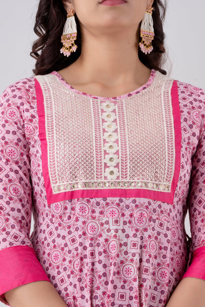 Anam jaipuri Tie Up Pink Embroidered Flared Party & Wedding Wear Long Kurta