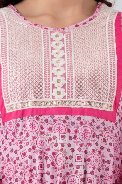 Anam jaipuri Tie Up Pink Embroidered Flared Party & Wedding Wear Long Kurta