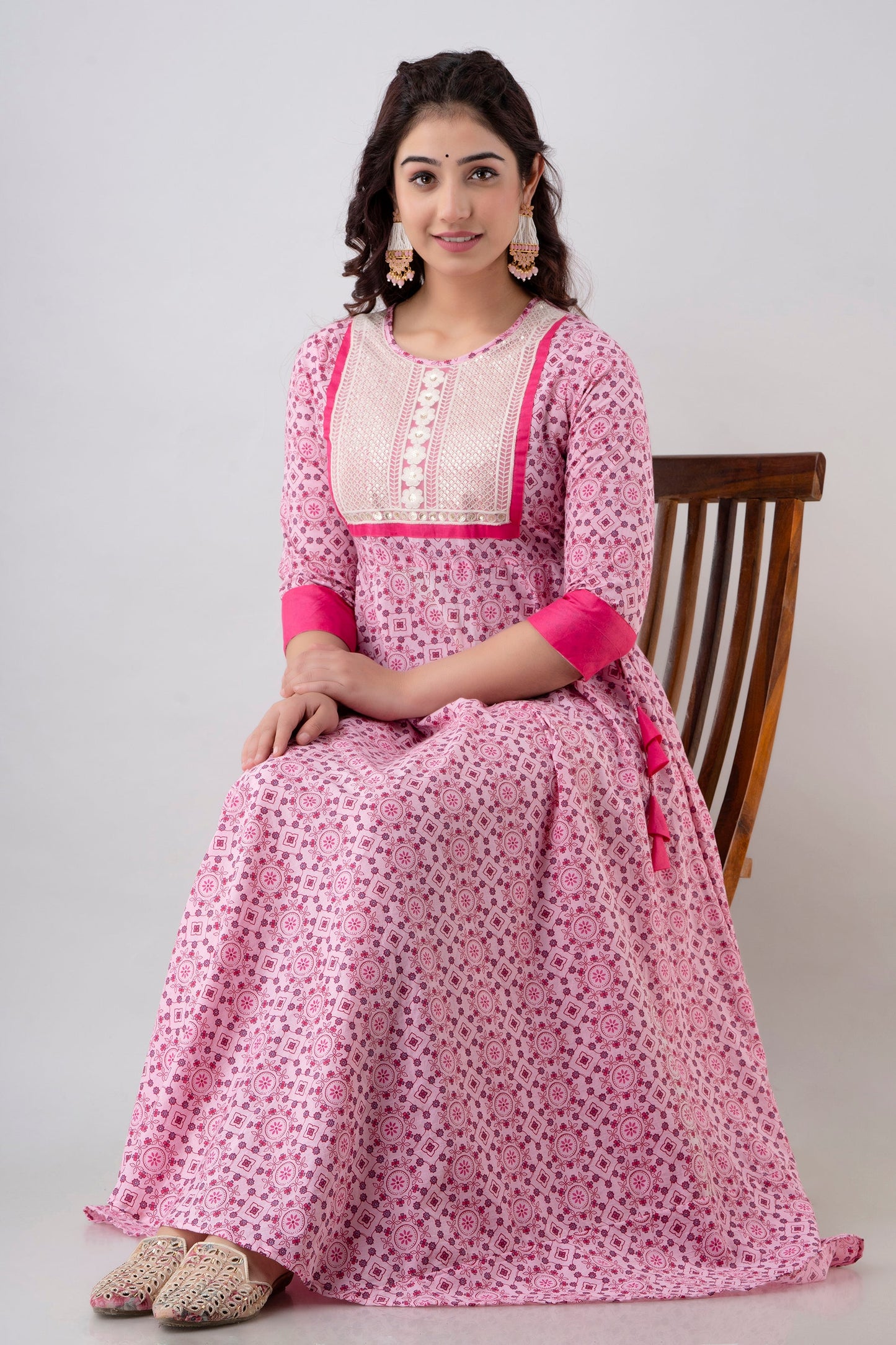 Anam jaipuri Tie Up Pink Embroidered Flared Party & Wedding Wear Long Kurta