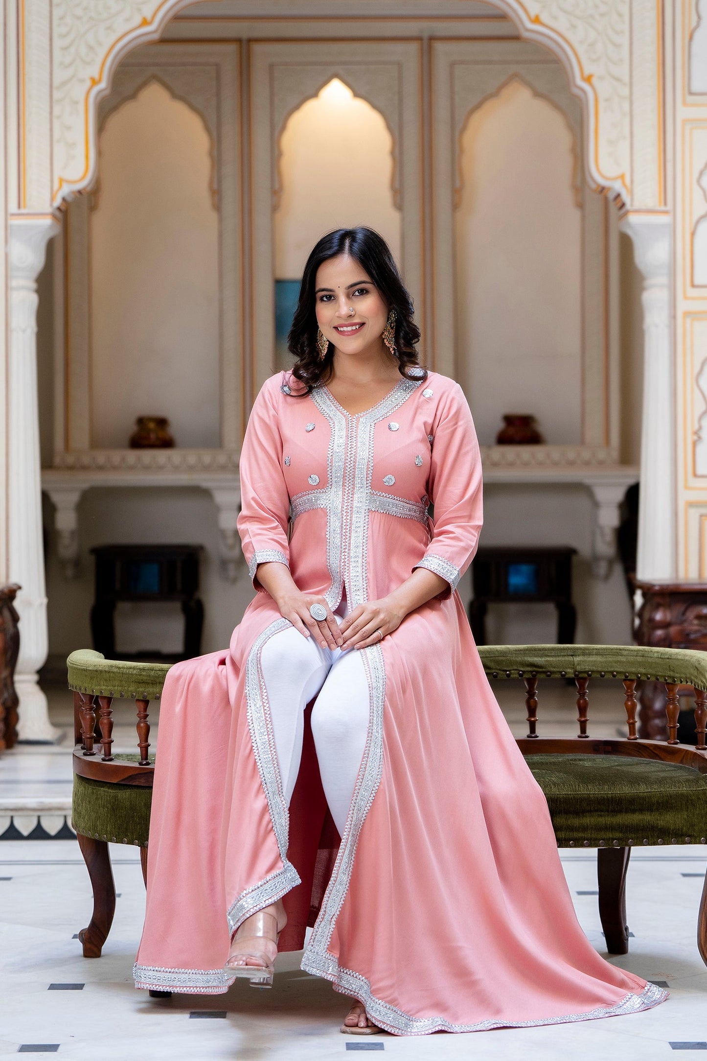 Anam jaipuri Peach Gotta Patti Open Front Festive Party Wear Long Flared Kurta