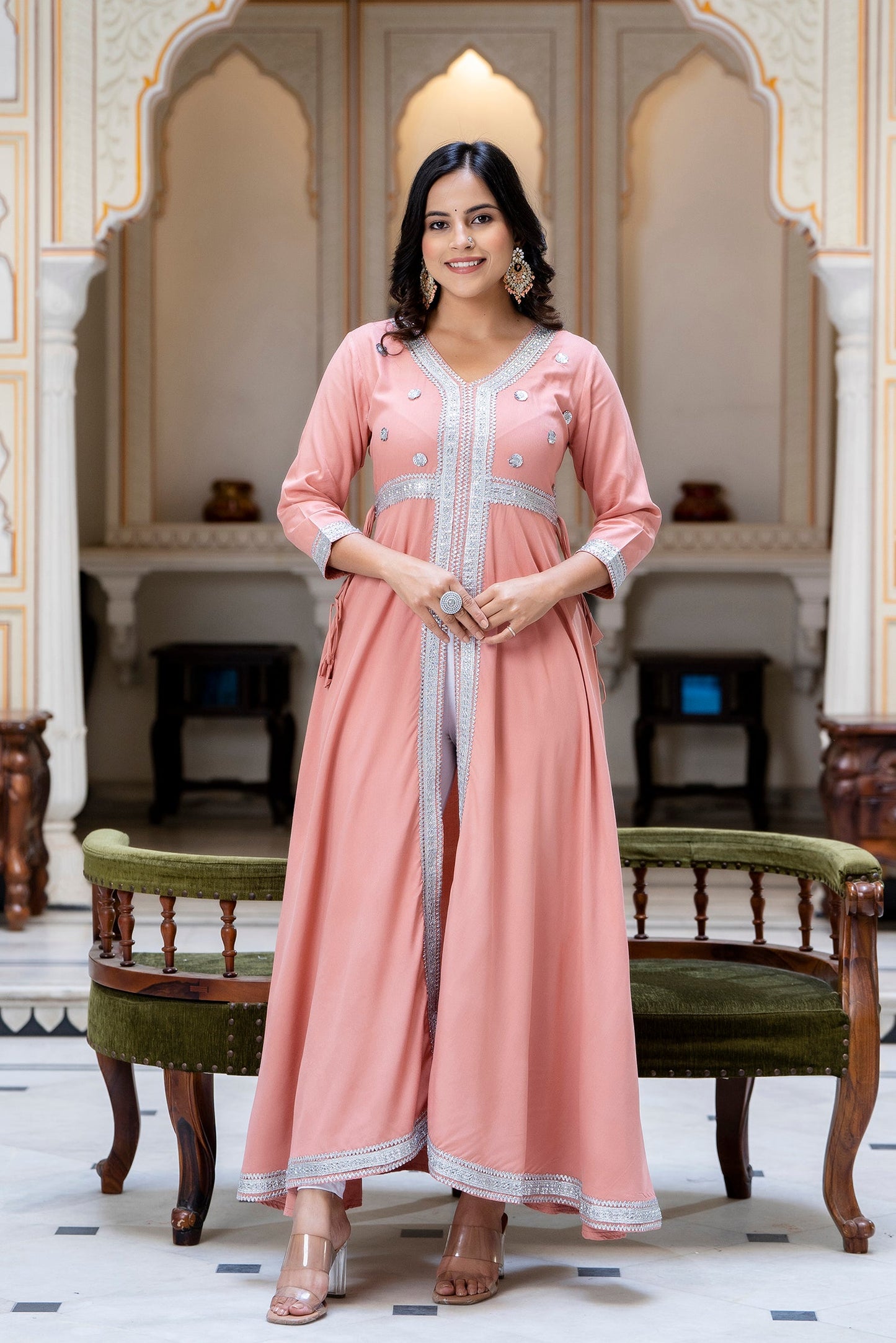 Anam jaipuri Peach Gotta Patti Open Front Festive Party Wear Long Flared Kurta