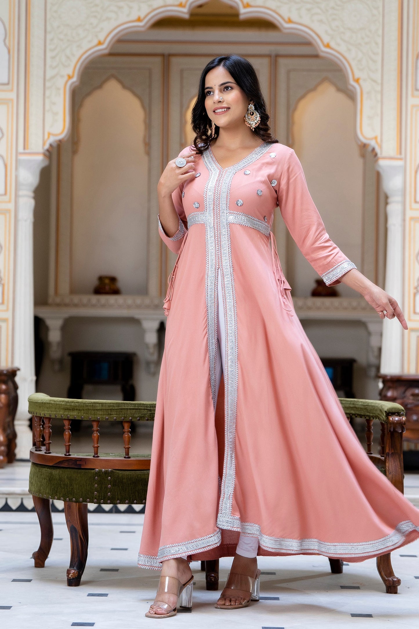 Anam jaipuri Peach Gotta Patti Open Front Festive Party Wear Long Flared Kurta