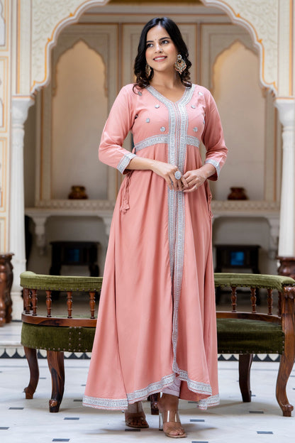 Anam jaipuri Peach Gotta Patti Open Front Festive Party Wear Long Flared Kurta