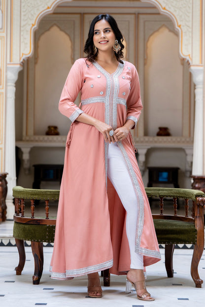 Anam jaipuri Peach Gotta Patti Open Front Festive Party Wear Long Flared Kurta