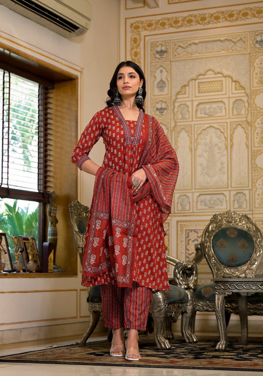 Ehnic Set Women Festive Embroidery A-Line Kurta and Pant set with Dupatta - Ethnic Set