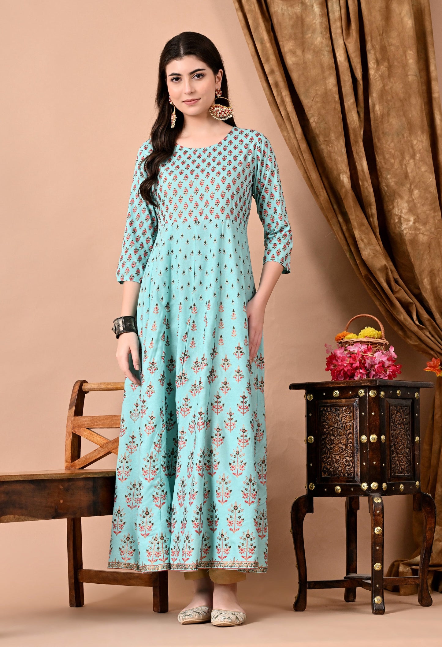 Anam jaipuri  Printed Anarkali Long Kurta in Light Green