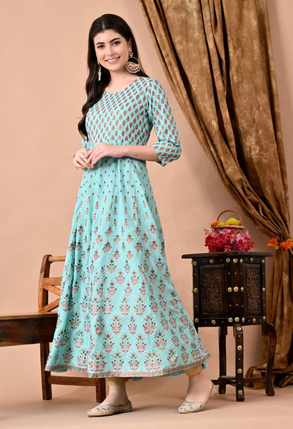 Anam jaipuri  Printed Anarkali Long Kurta in Light Green