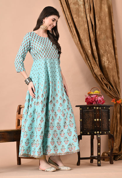 Anam jaipuri  Printed Anarkali Long Kurta in Light Green