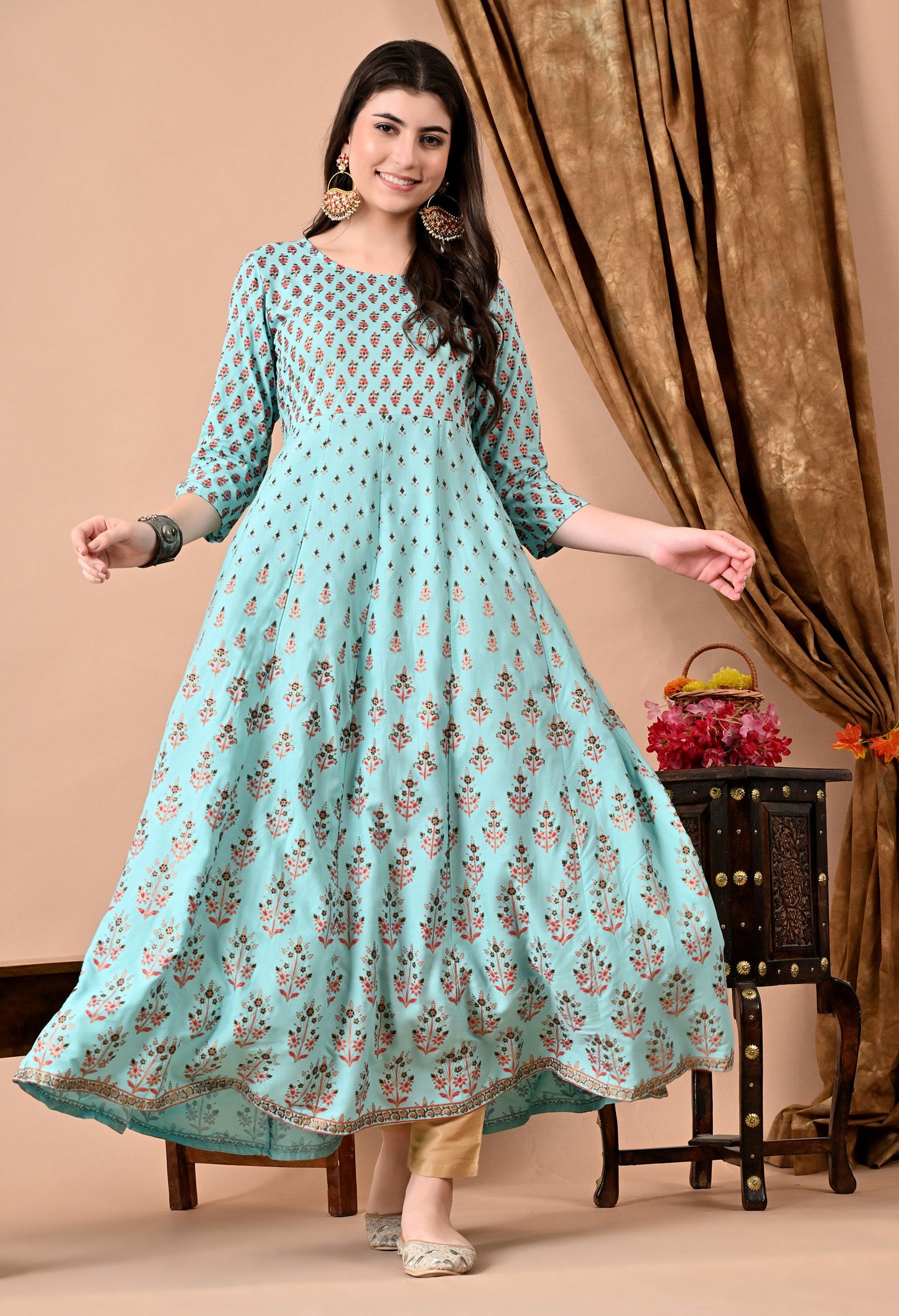 Anam jaipuri  Printed Anarkali Long Kurta in Light Green