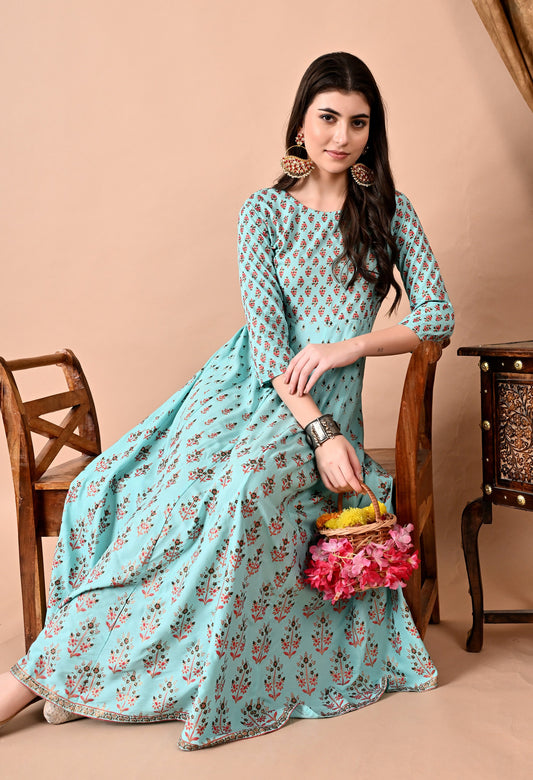 Anam jaipuri  Printed Anarkali Long Kurta in Light Green