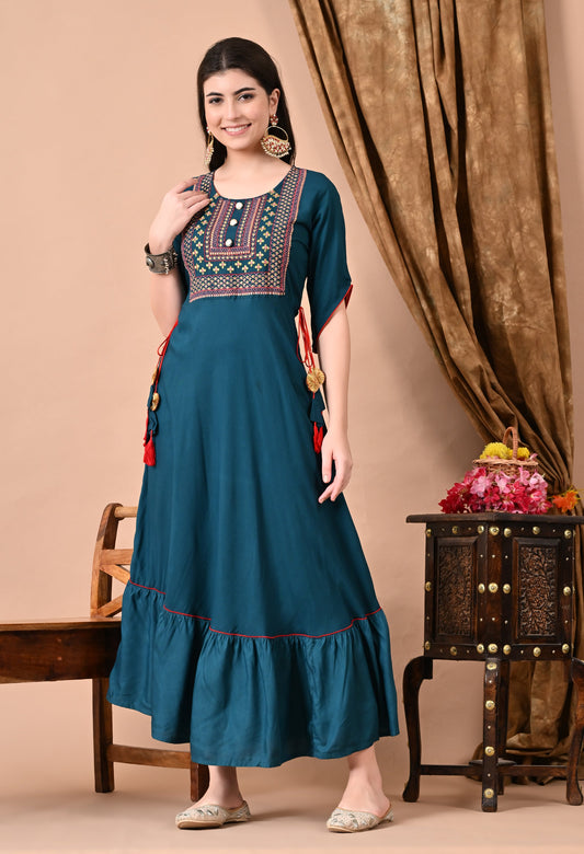 Anam jaipuri  Embroidered Anarkali Kurta In Teal Blue