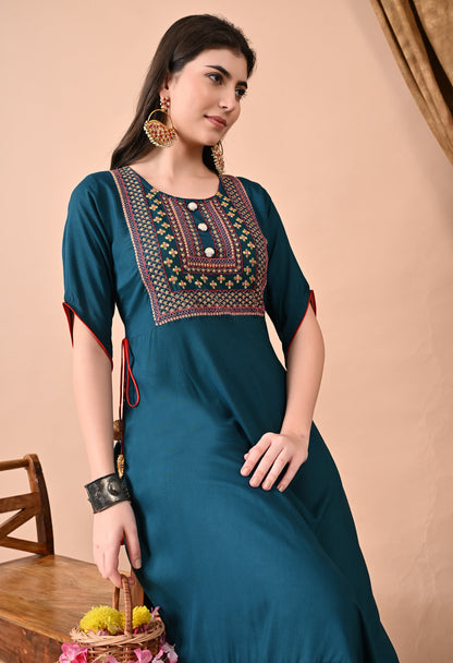 Anam jaipuri  Embroidered Anarkali Kurta In Teal Blue