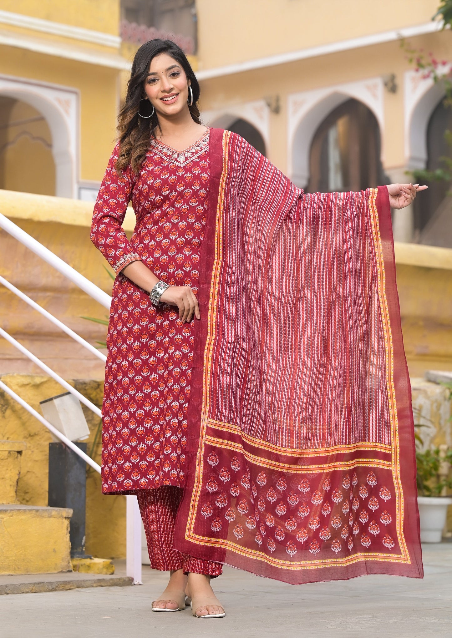 Anam Ethnic Set Women Block Printed Straight Kurta and Pant set with Dupatta