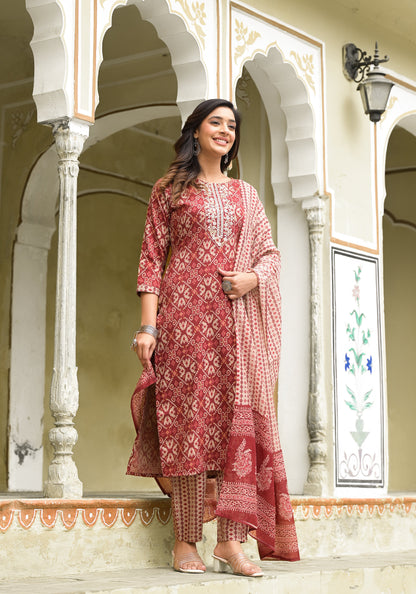 Anam Ethnic Set Women Block Printed Straight Kurta and Pant set with Dupatta