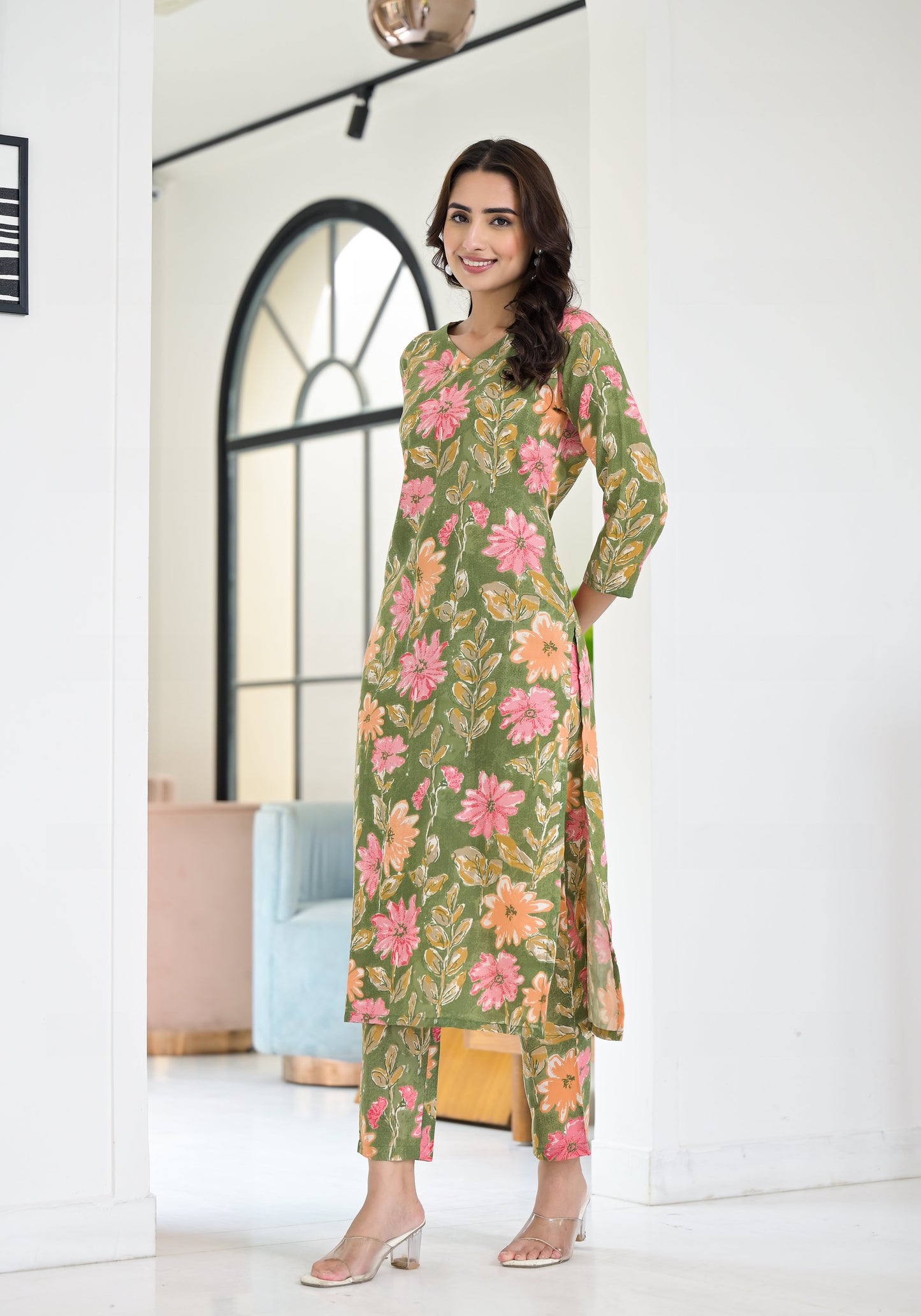 Anam Ethnic Set Floral Printed Green Co-ord Set