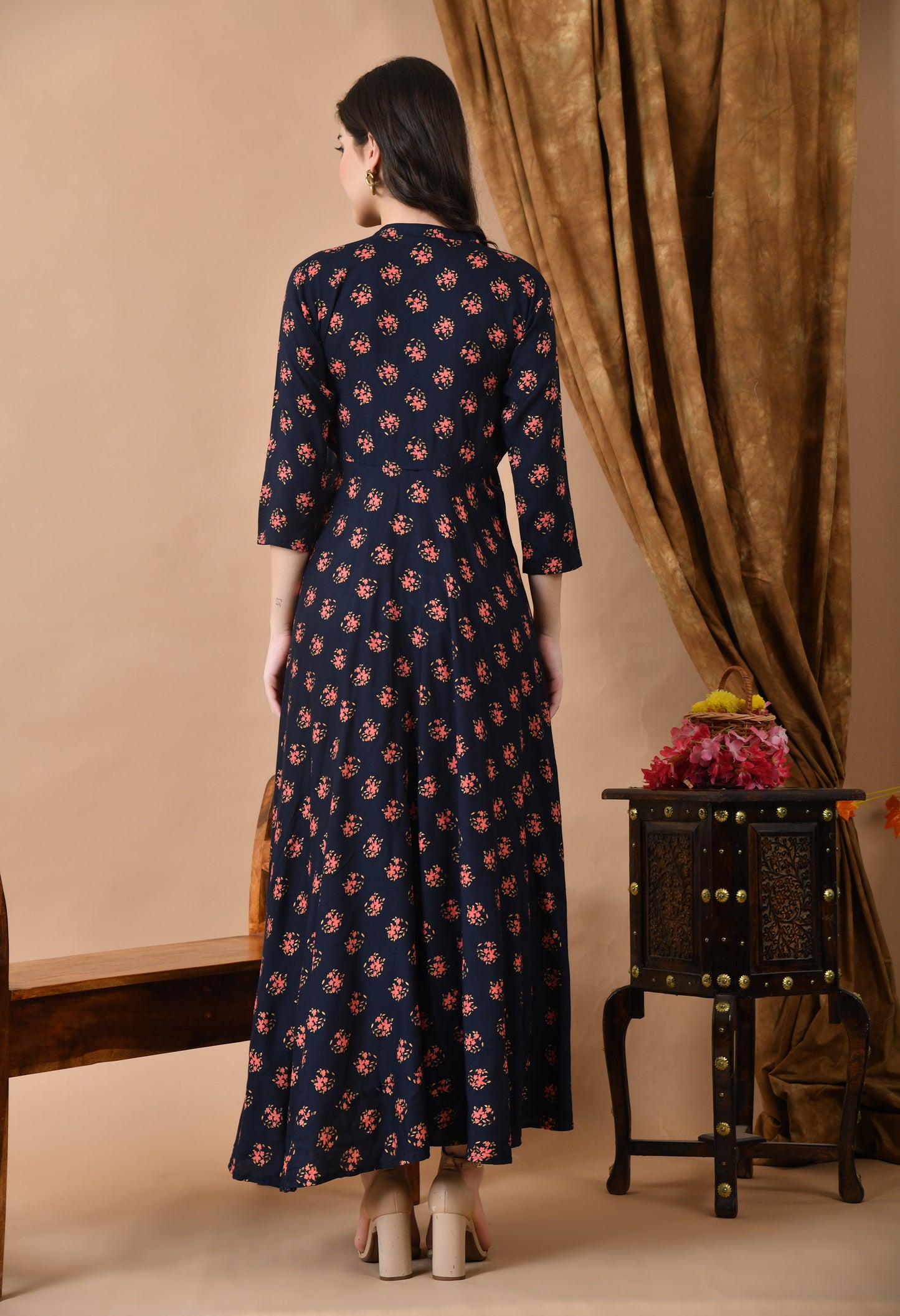 Anam jaipuri  Long Flared Printed Gown in Dark Blue