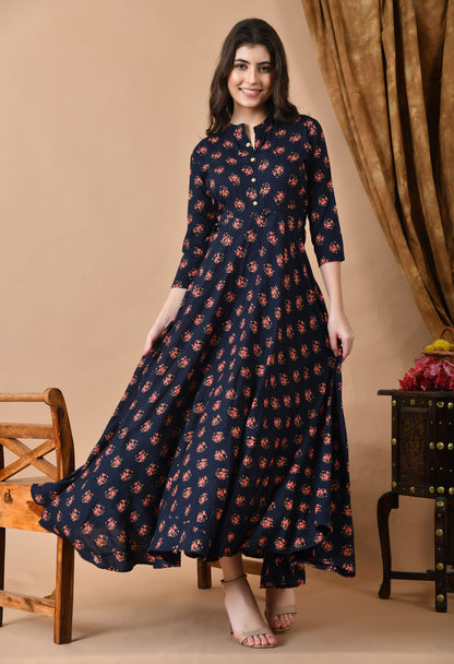 Anam jaipuri  Long Flared Printed Gown in Dark Blue