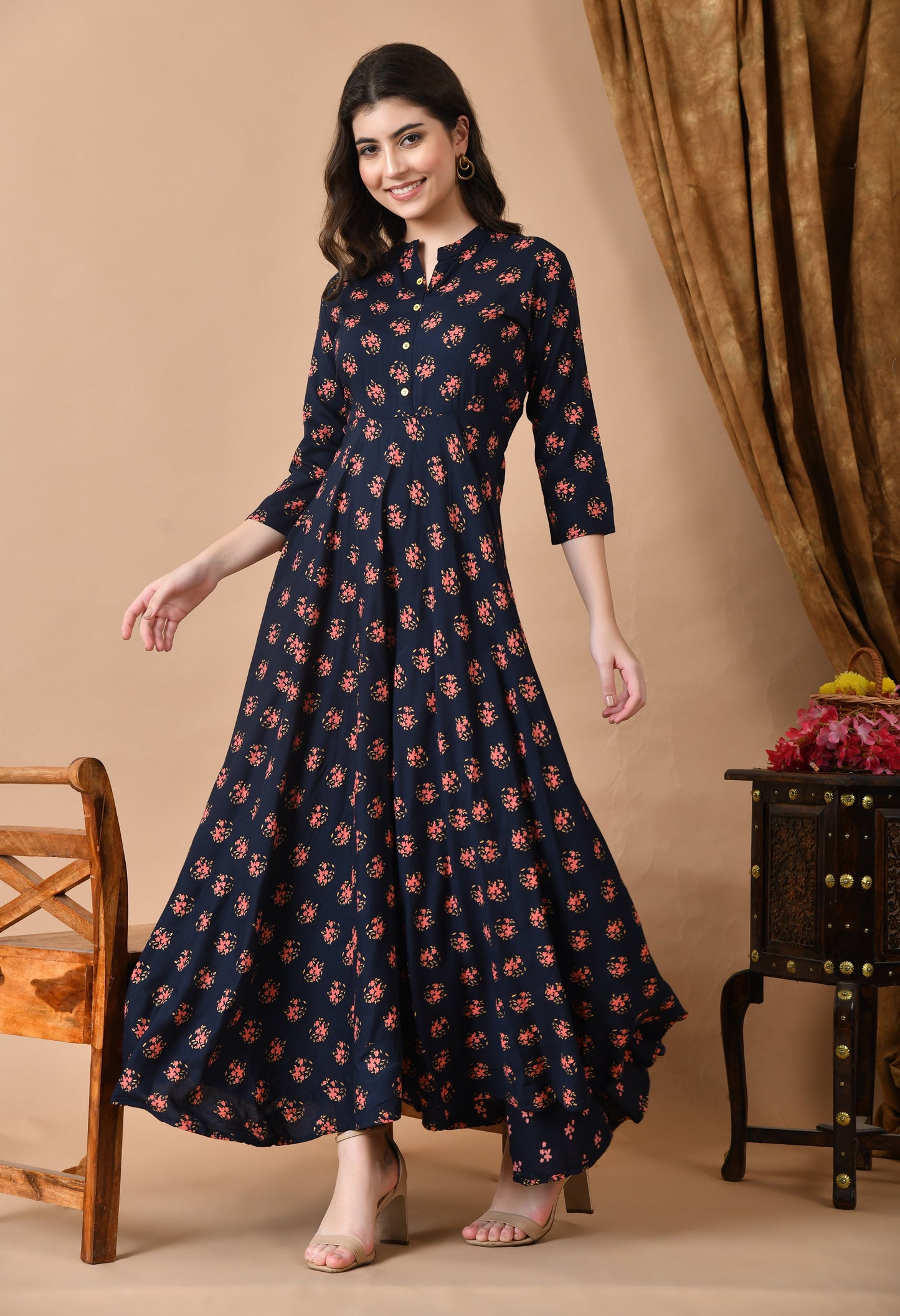 Anam jaipuri  Long Flared Printed Gown in Dark Blue