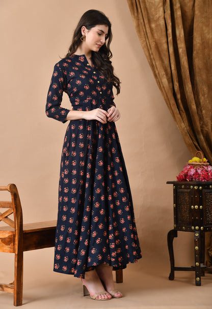 Anam jaipuri  Long Flared Printed Gown in Dark Blue