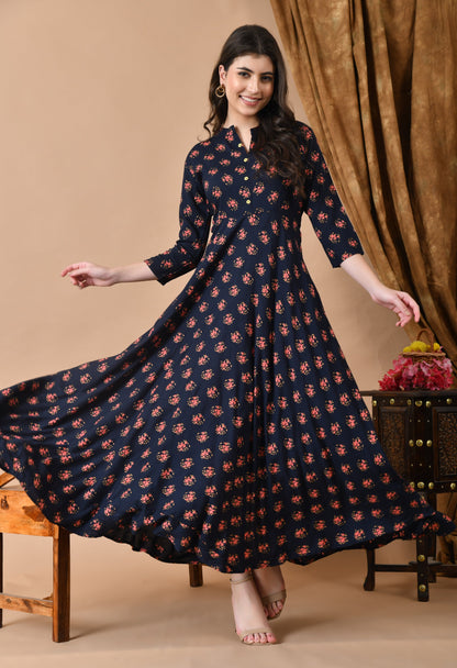 Anam jaipuri  Long Flared Printed Gown in Dark Blue