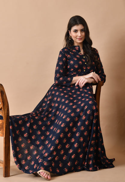 Anam jaipuri  Long Flared Printed Gown in Dark Blue