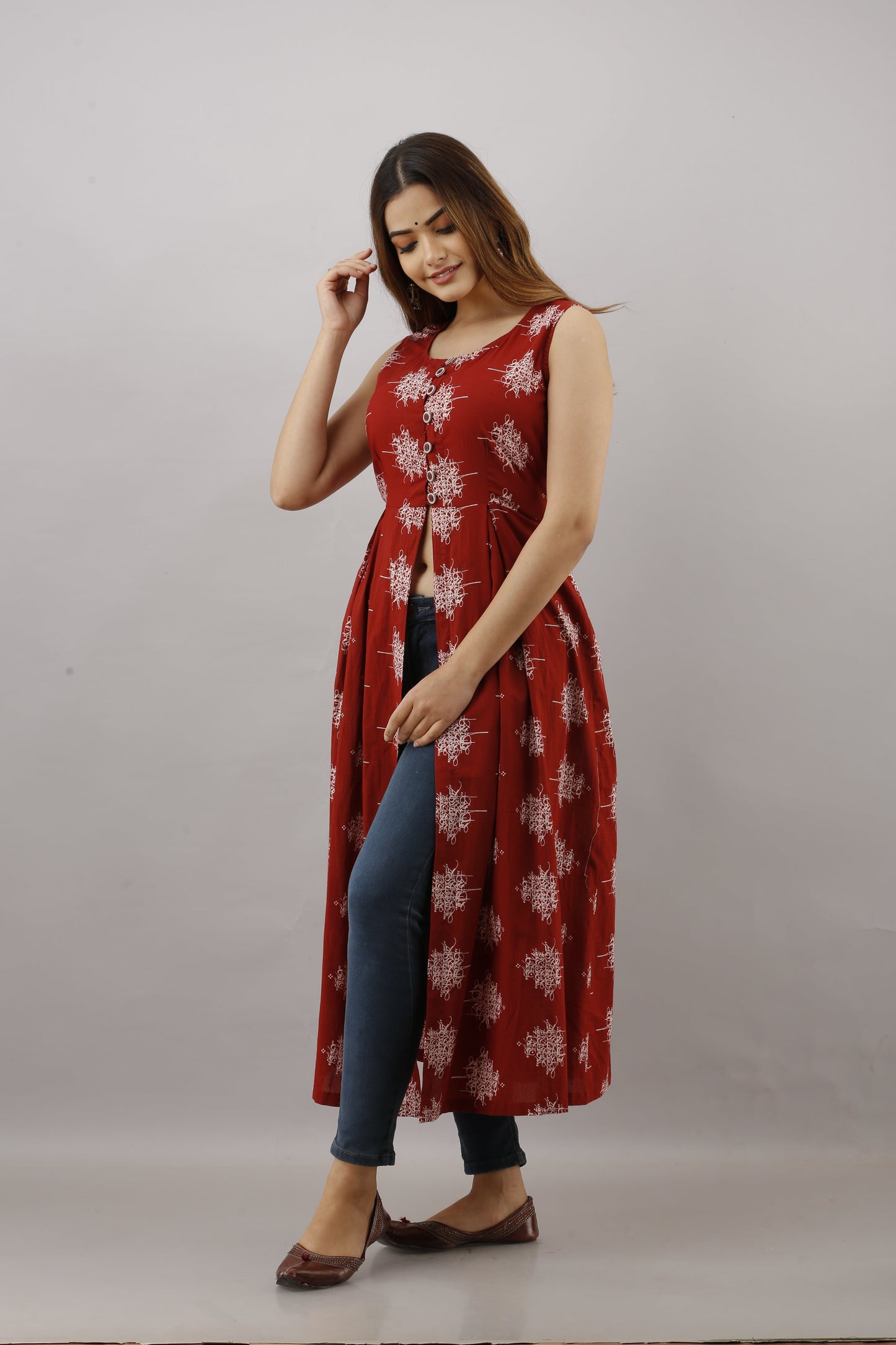 Anam jaipuri Printed Front-slit Kurta in Maroon