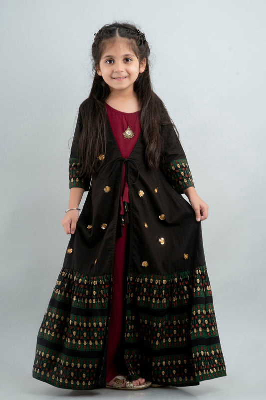 Anam jaipuri Girls Embellished Anarkali Kurta in Black & Maroon