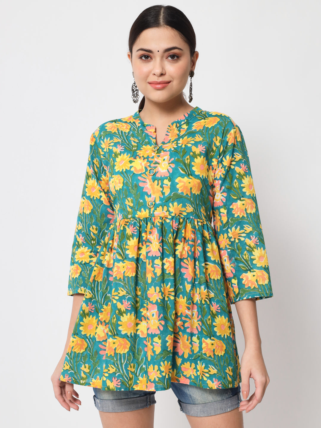 Anam jaipuri Green Floral Printed Tunic in Cotton