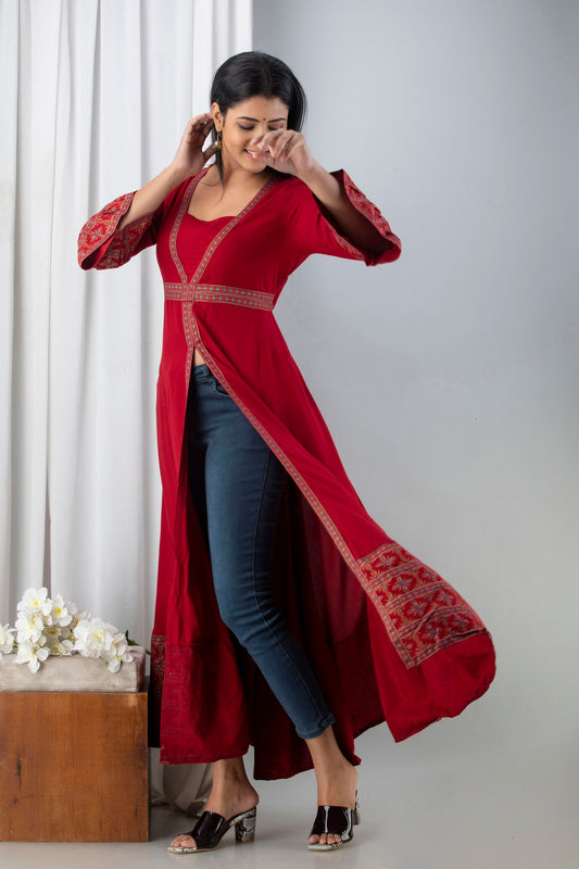 Anam jaipuri Red Open Front Designer Festive Wear Long Kurta