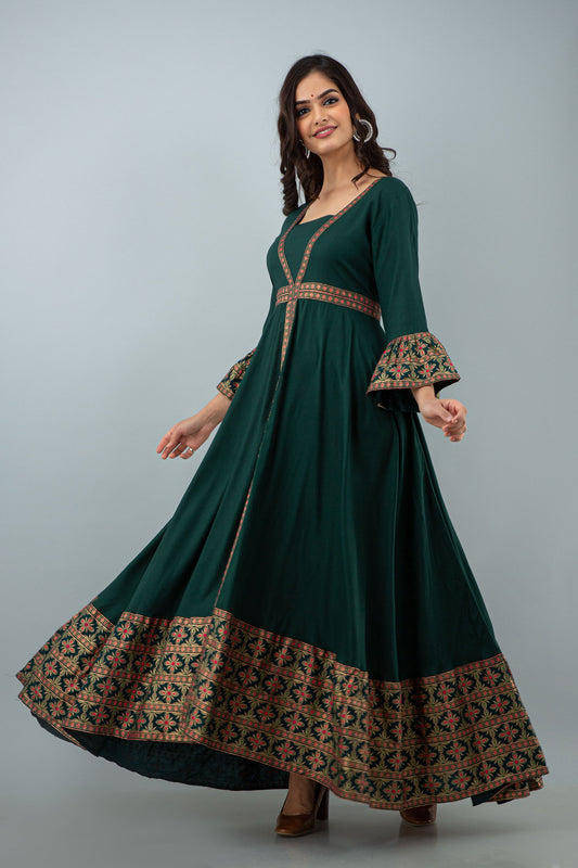 Anam jaipuri  Green Open Front Party Wear Long Flared Kurta