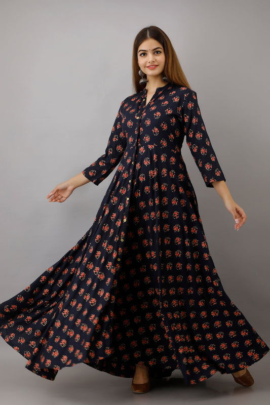 Anam jaipuri Long Flared Printed Kurta in Dark Blue