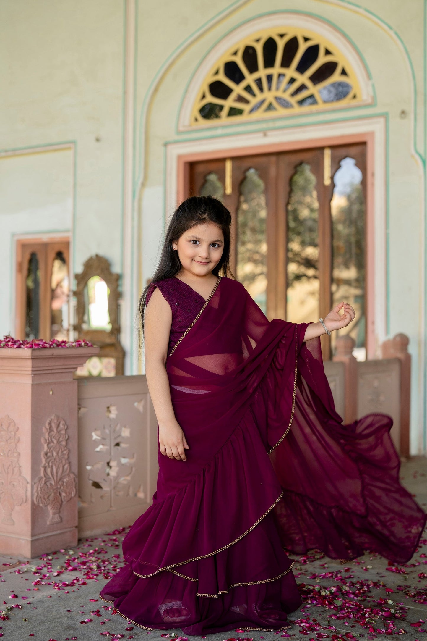 Cutie Diva Girl's Pre-Draped Ready To Wear Saree With Blouse