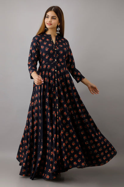 Anam jaipuri Long Flared Printed Kurta in Dark Blue