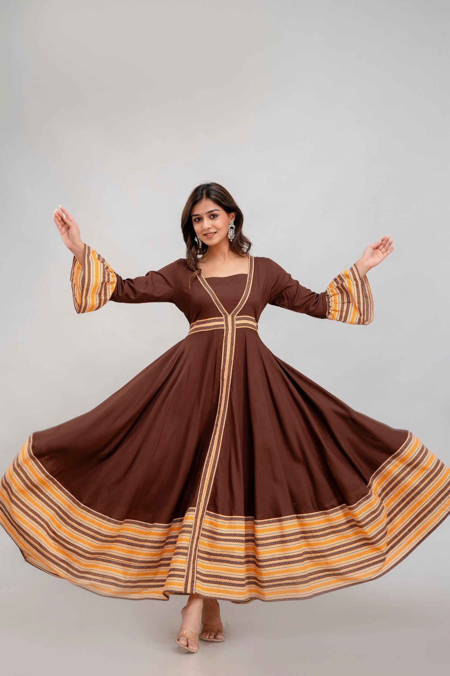 Anam jaipuri Long Flared Printed Kurta in Brown