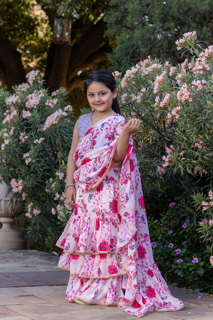 Cutie Diva Girls Pre Draped Ready To Wear Saree With schiffli Blouse