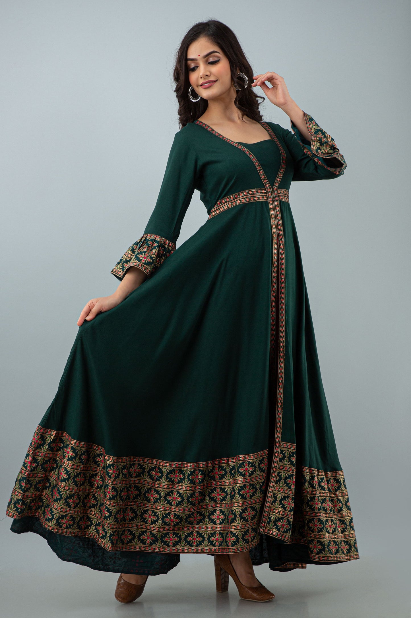 Anam jaipuri  Green Open Front Party Wear Long Flared Kurta