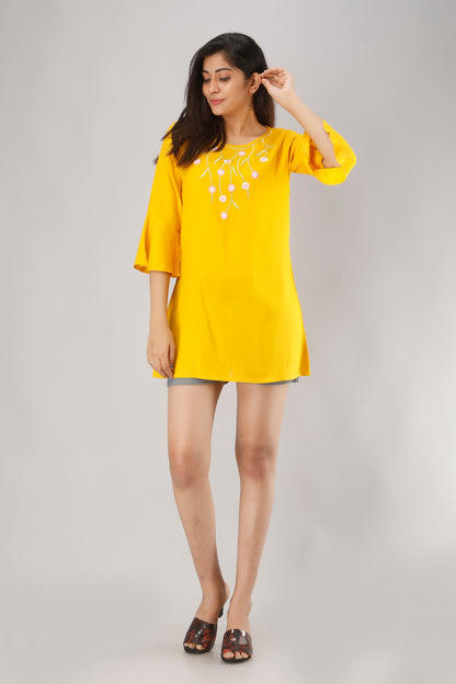 Anam jaipuri Rayon Embroidered Tunic in Yellow