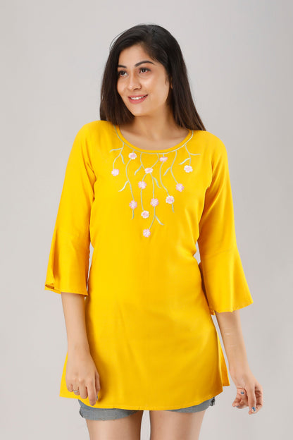 Anam jaipuri Rayon Embroidered Tunic in Yellow