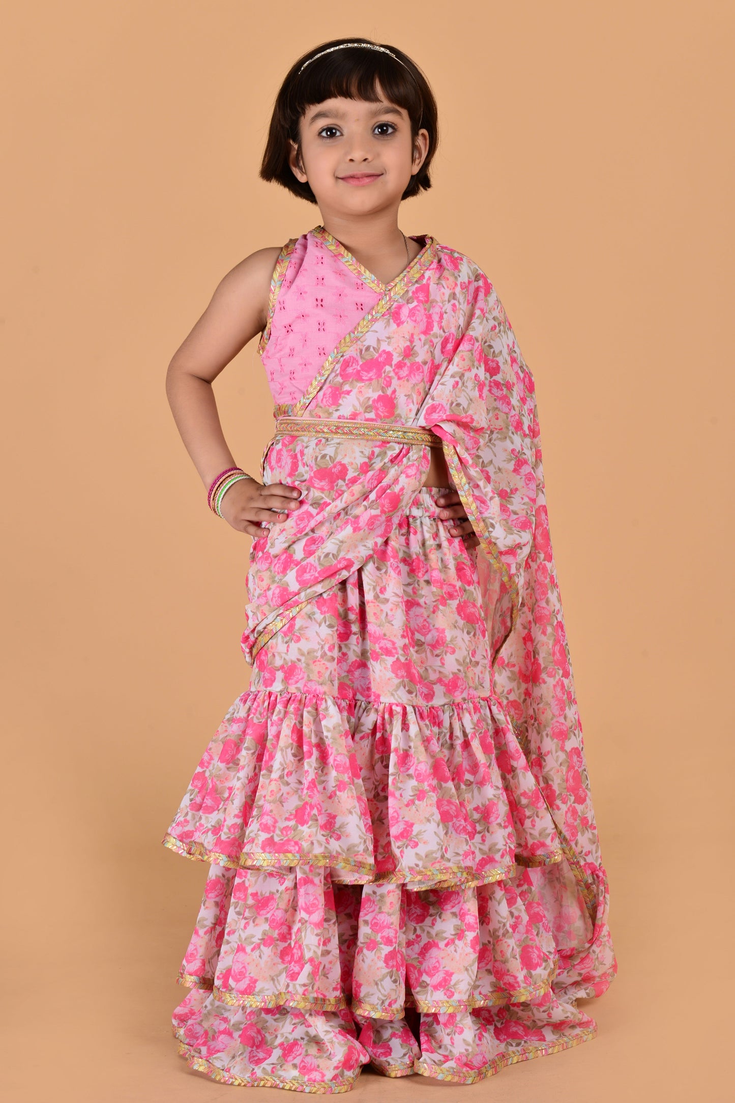 Cutie Diva Pink Georgette Saree With Schiflli Blouse For Girls