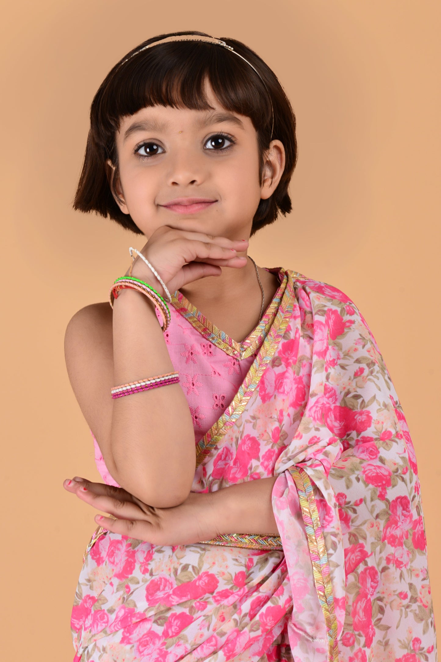 Cutie Diva Pink Georgette Saree With Schiflli Blouse For Girls