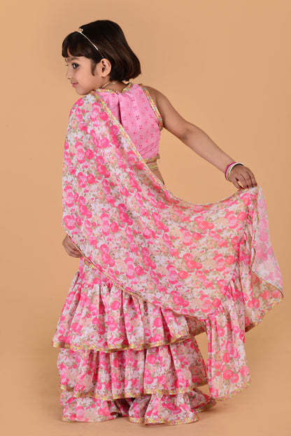 Cutie Diva Pink Georgette Saree With Schiflli Blouse For Girls