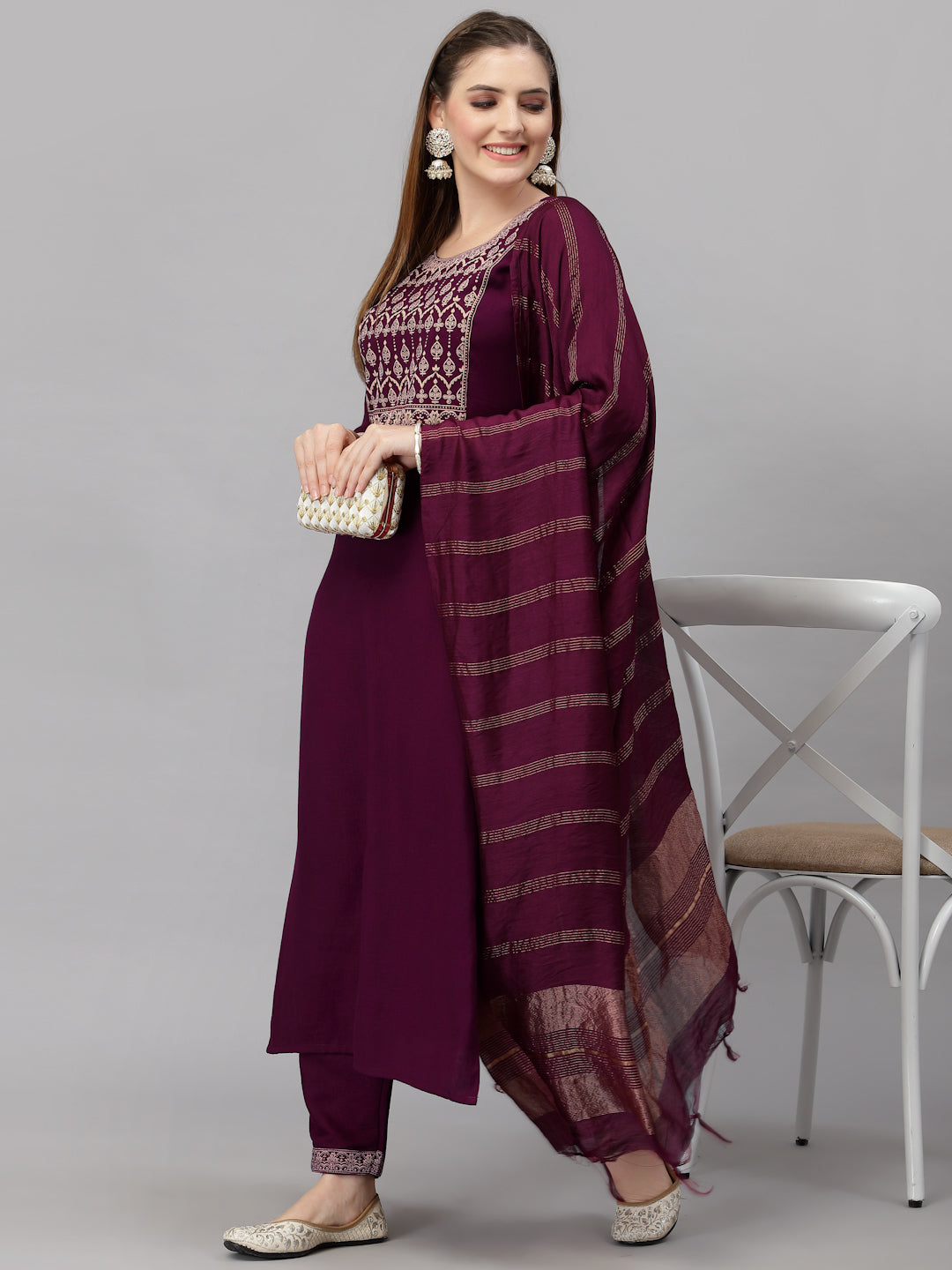 Anam Ethnic Set Women Embroidered Solid Kurta and Pant with Dupatta