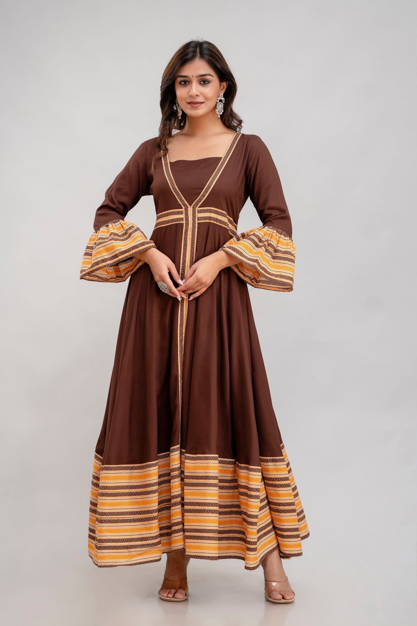 Anam jaipuri Long Flared Printed Kurta in Brown