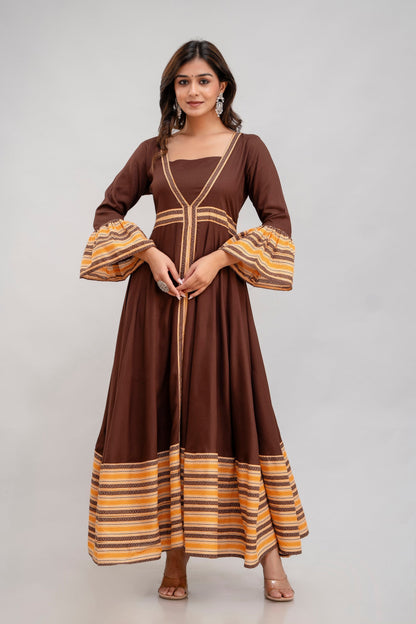 Anam jaipuri Long Flared Printed Kurta in Brown