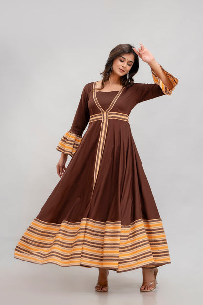 Anam jaipuri Long Flared Printed Kurta in Brown