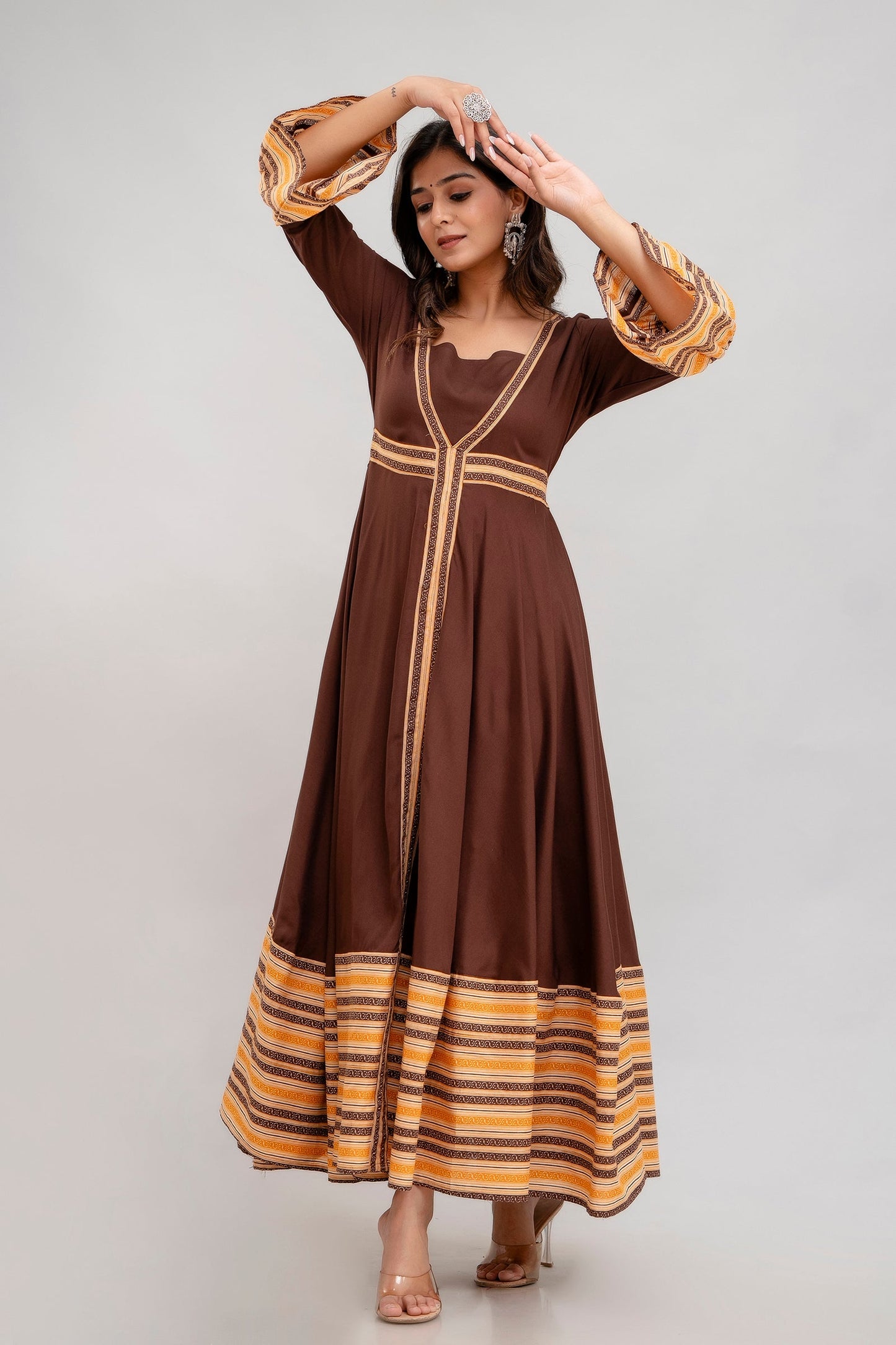 Anam jaipuri Long Flared Printed Kurta in Brown