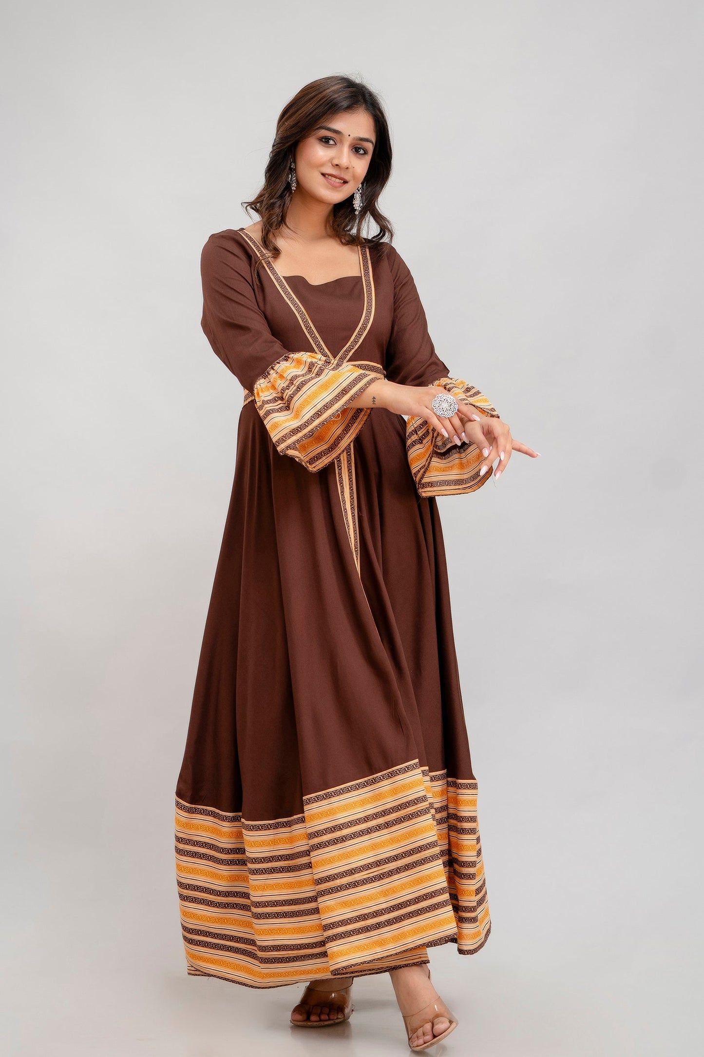 Anam jaipuri Long Flared Printed Kurta in Brown