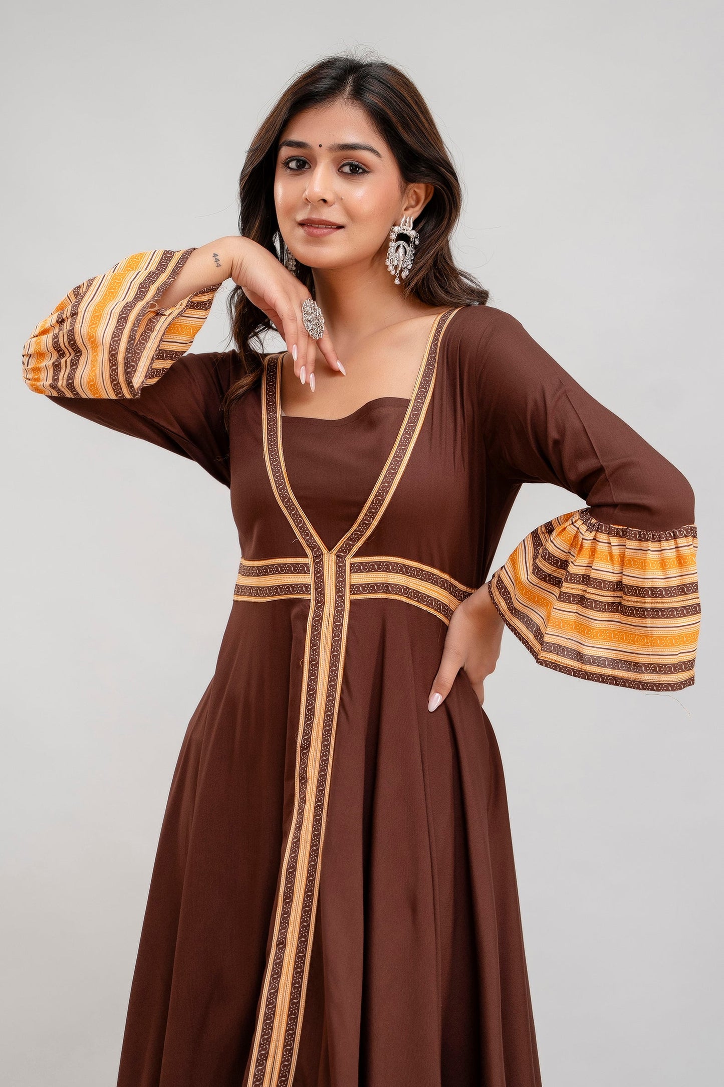 Anam jaipuri Long Flared Printed Kurta in Brown