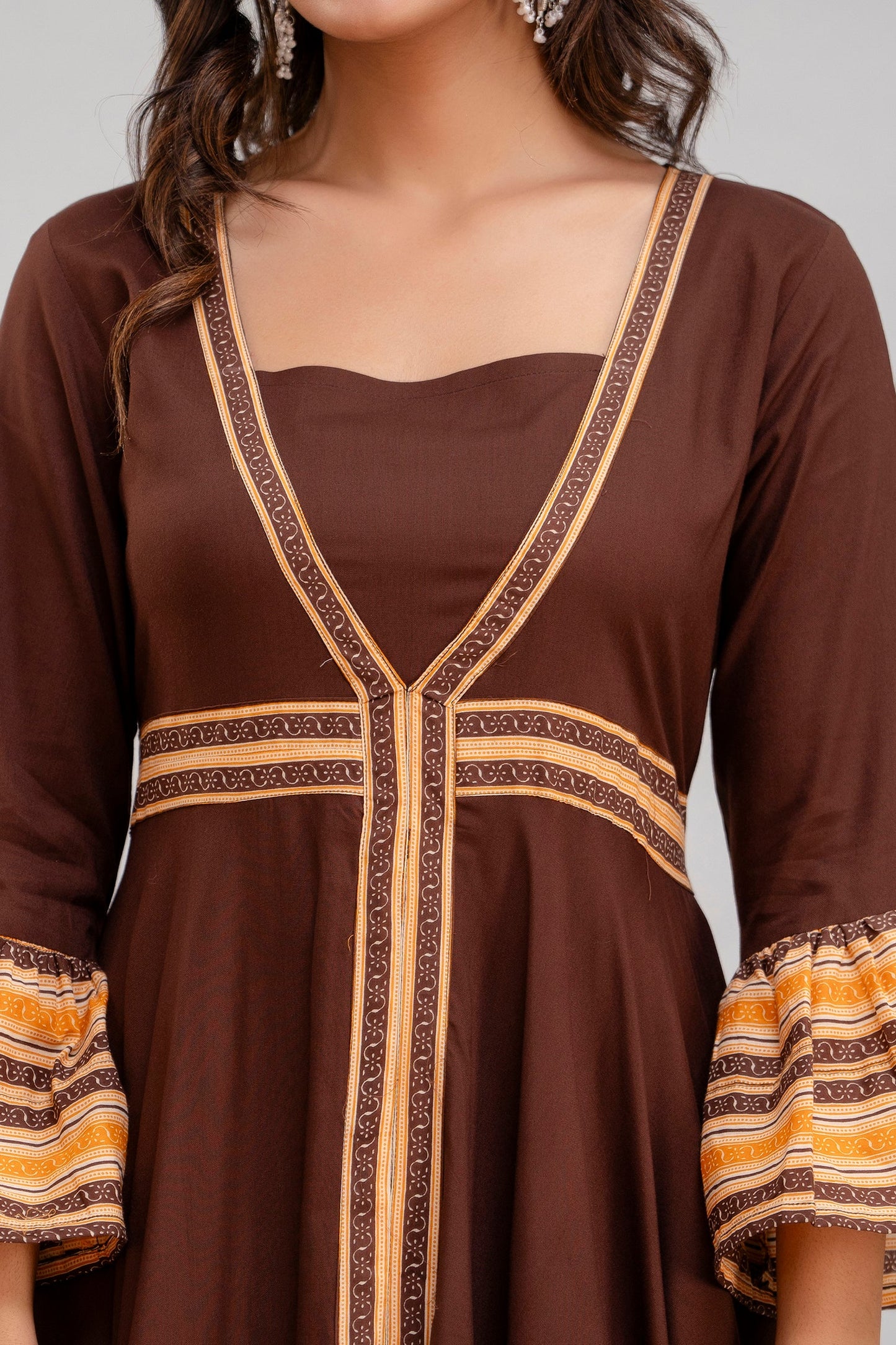 Anam jaipuri Long Flared Printed Kurta in Brown